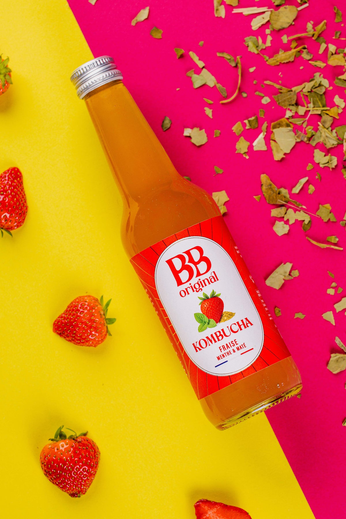 Bouteille de kombucha bio Fraise, Menthe & Maté BB Original 33 cl